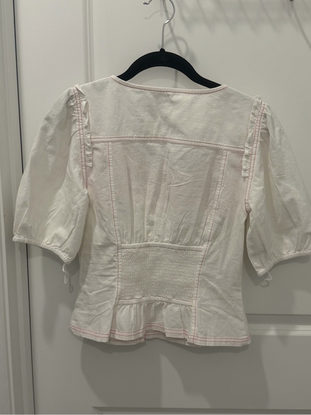 Free People White Blouse with Red Embroidered Yoke and Puff Sleeves - Picture 4 of 4